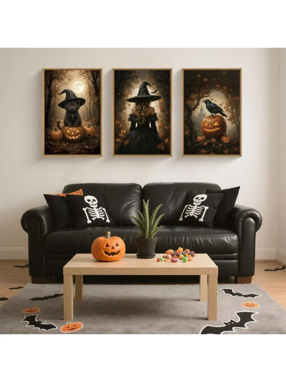 Spooky Halloween Wall Art Set - Framed Canvas with Witch, Black Cat & Raven